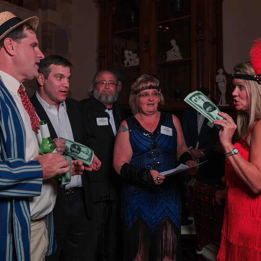Guests at a Murder Mystery Company public dinner show in San Jose